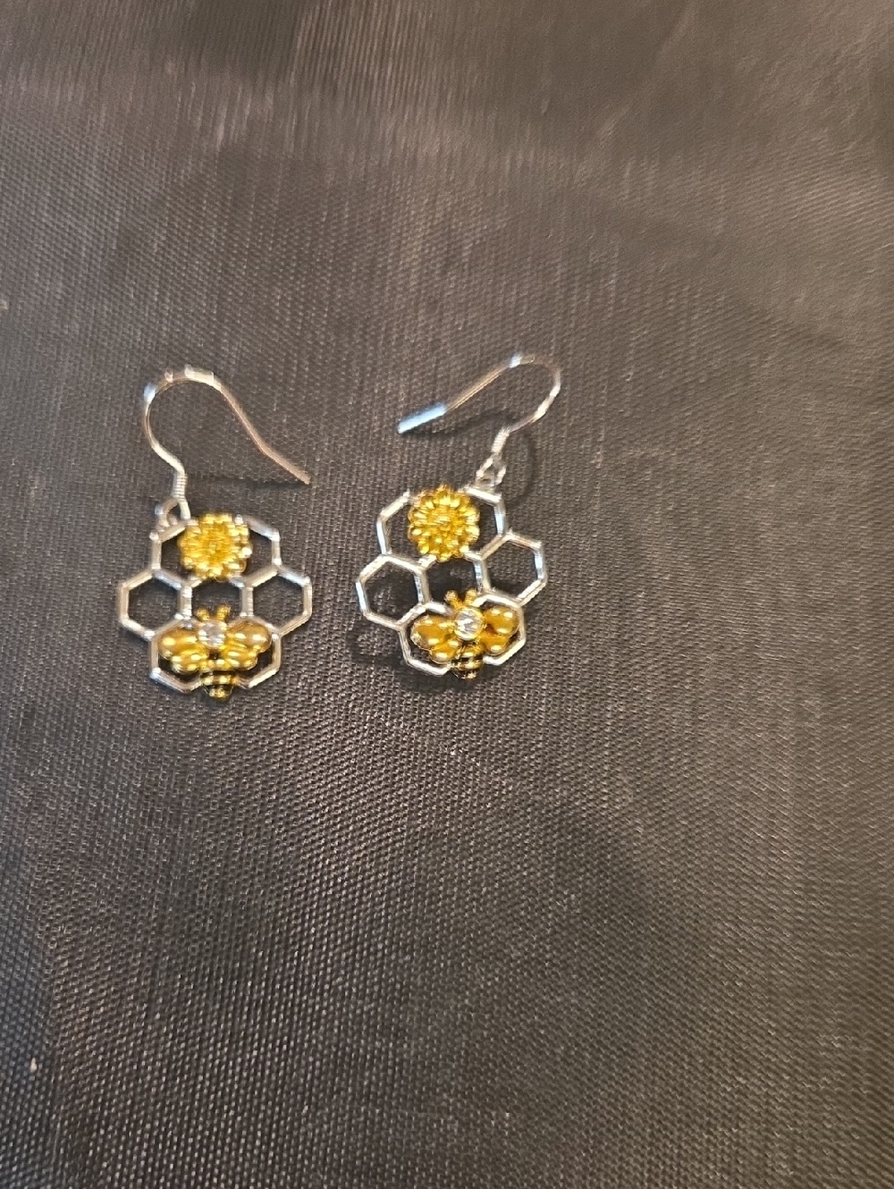 S925 Sterling Silver Bee Honeycomb Dangle Earrings Gold Tone Floral